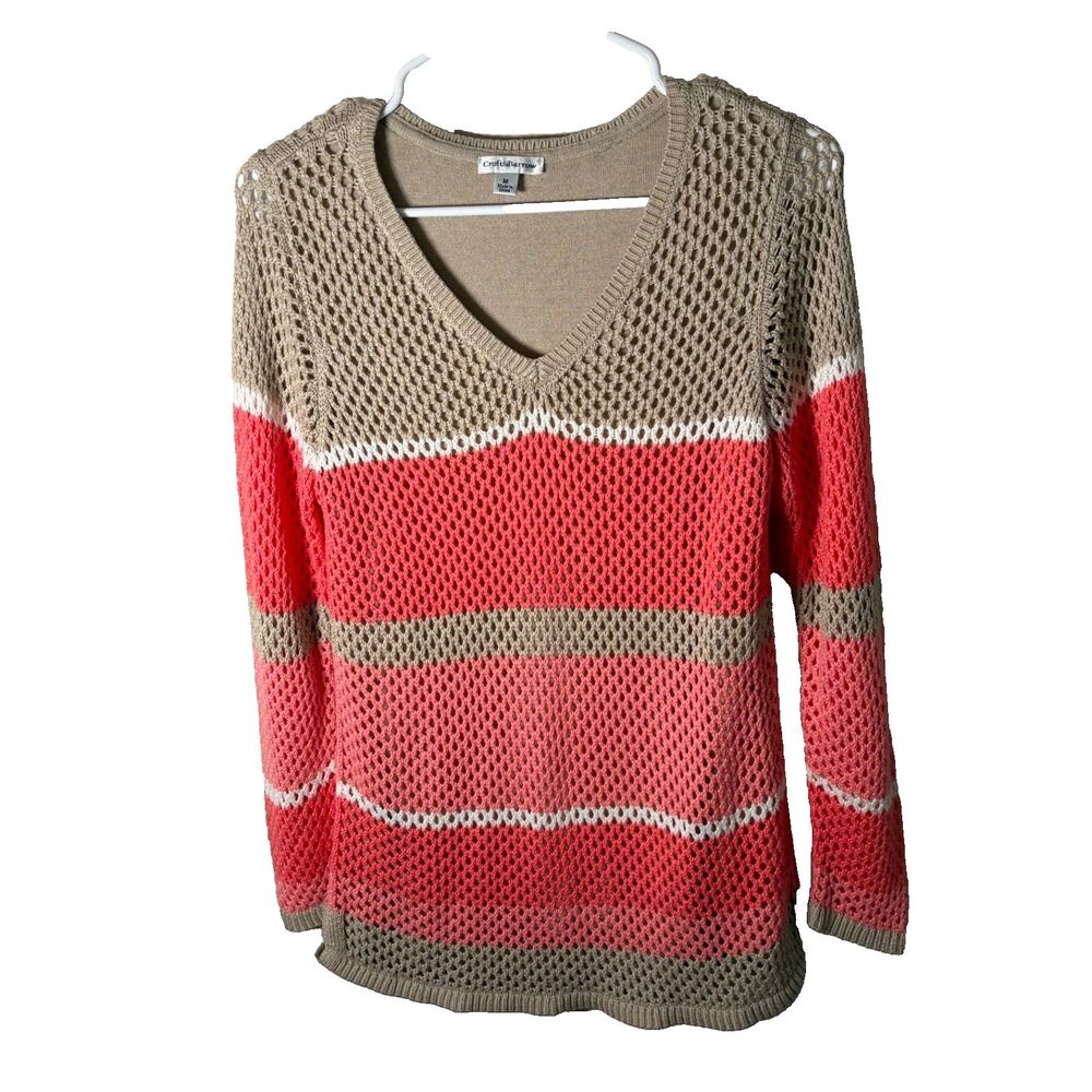 Croft & Barrow Sweater Women's Medium Striped Open Knit Lined 3/4 Sleeve V-Neck